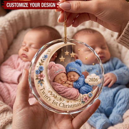 Twin's 1st Christmas Personalized Glass Ornament - Custom Twin Babies Holiday Keepsake