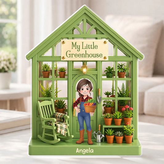 Custom shaped acrylic plaque featuring a personalized cartoon character in a green greenhouse - personalized gardening gifts