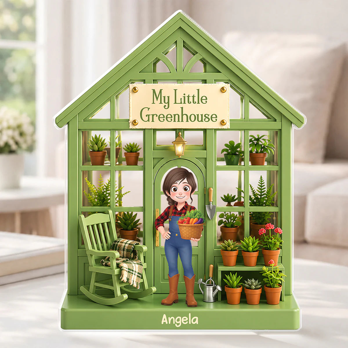 Custom shaped acrylic plaque featuring a personalized cartoon character in a green greenhouse - personalized gardening gifts