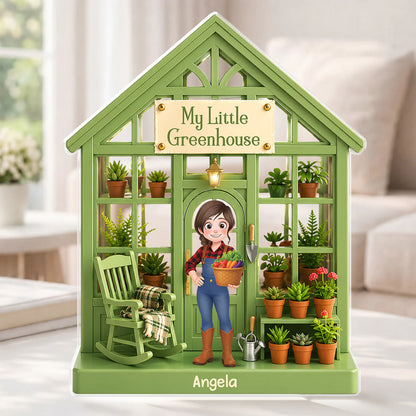 Custom shaped acrylic plaque featuring a personalized cartoon character in a green greenhouse - personalized gardening gifts