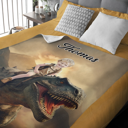Personalized kids photo blanket featuring a custom photo face ride on a dinosaur or unicorn with name text. image 6