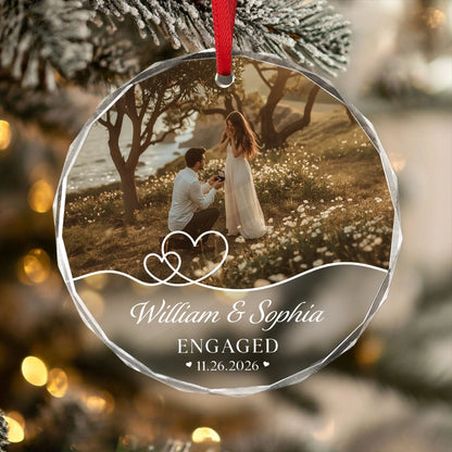Personalized Engaged Couple Photo Glass Ornament - Custom Engagement Keepsake Christmas Gift