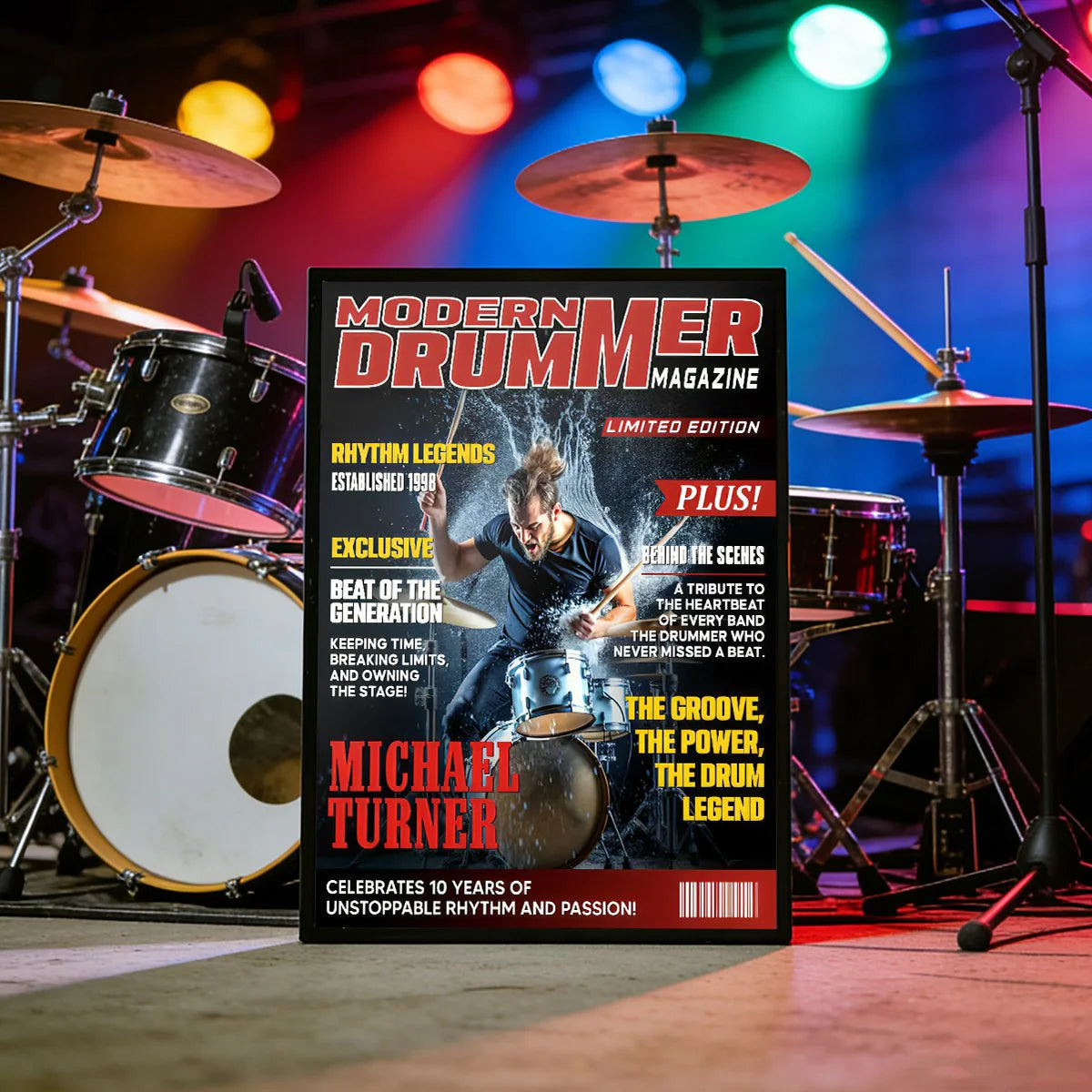 Personalized Modern Drummer magazine cover canvas print featuring a drummer rocking out on stage