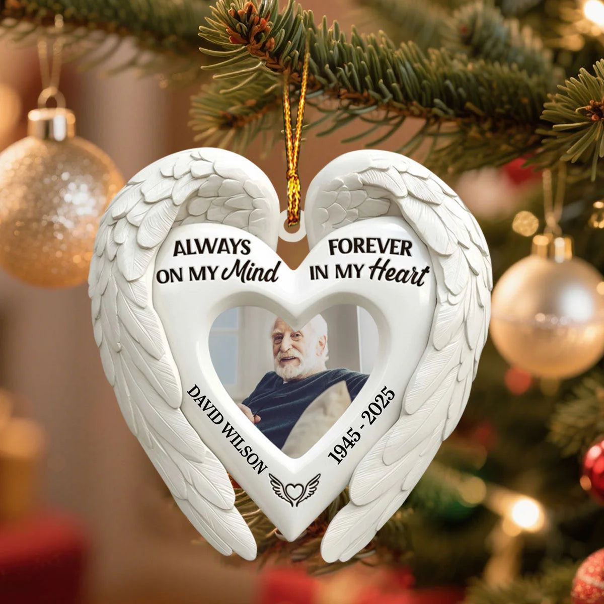 Always On My Mind Personalized Angel Wings Wooden Ornament - Custom Memorial Photo Keepsake for Family