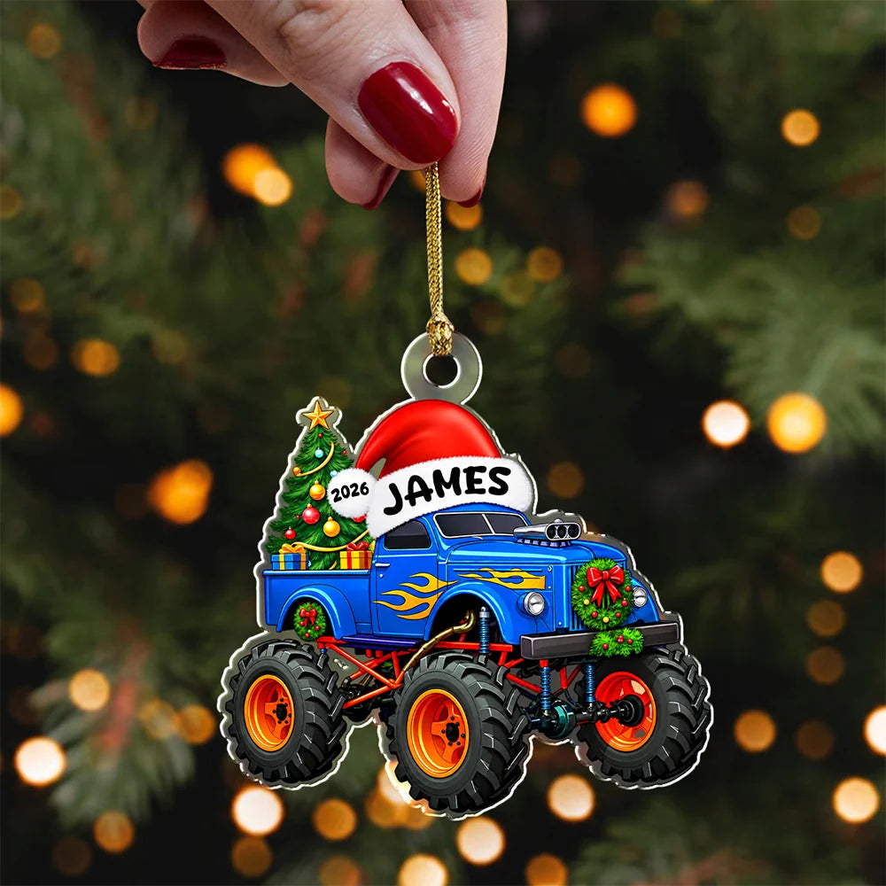 Personalized Monster Truck Acrylic Ornament - Custom Name Christmas Keepsake Gift for Kids