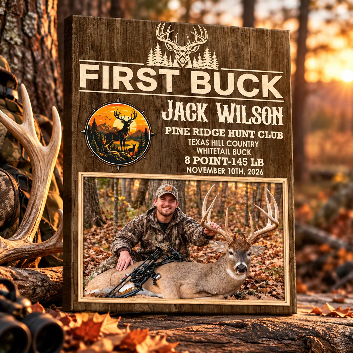 First Deer Personalized Hunting Photo Canvas / Poster - Custom First Buck Trophy Keepsake Gift for Dad & Son