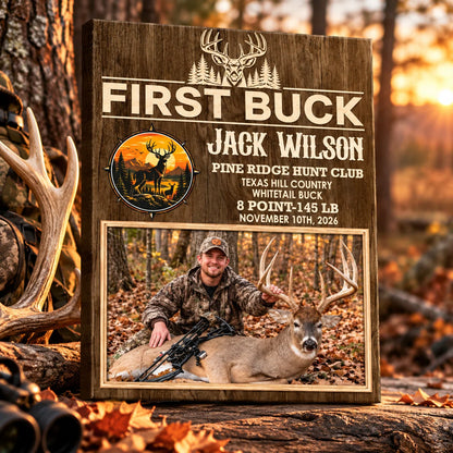 First Deer Personalized Hunting Photo Canvas / Poster - Custom First Buck Trophy Keepsake Gift for Dad & Son
