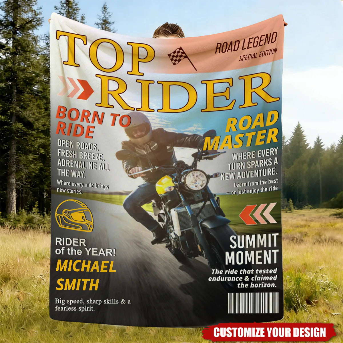 Personalized Motorcycle Rider Blanket for Dad with personalized design details for meaningful gifting