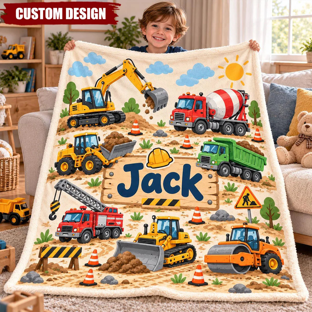 Construction Truck Custom Name Fleece Blanket - Personalized Excavator Toddler Boys Birthday & Christmas Gift