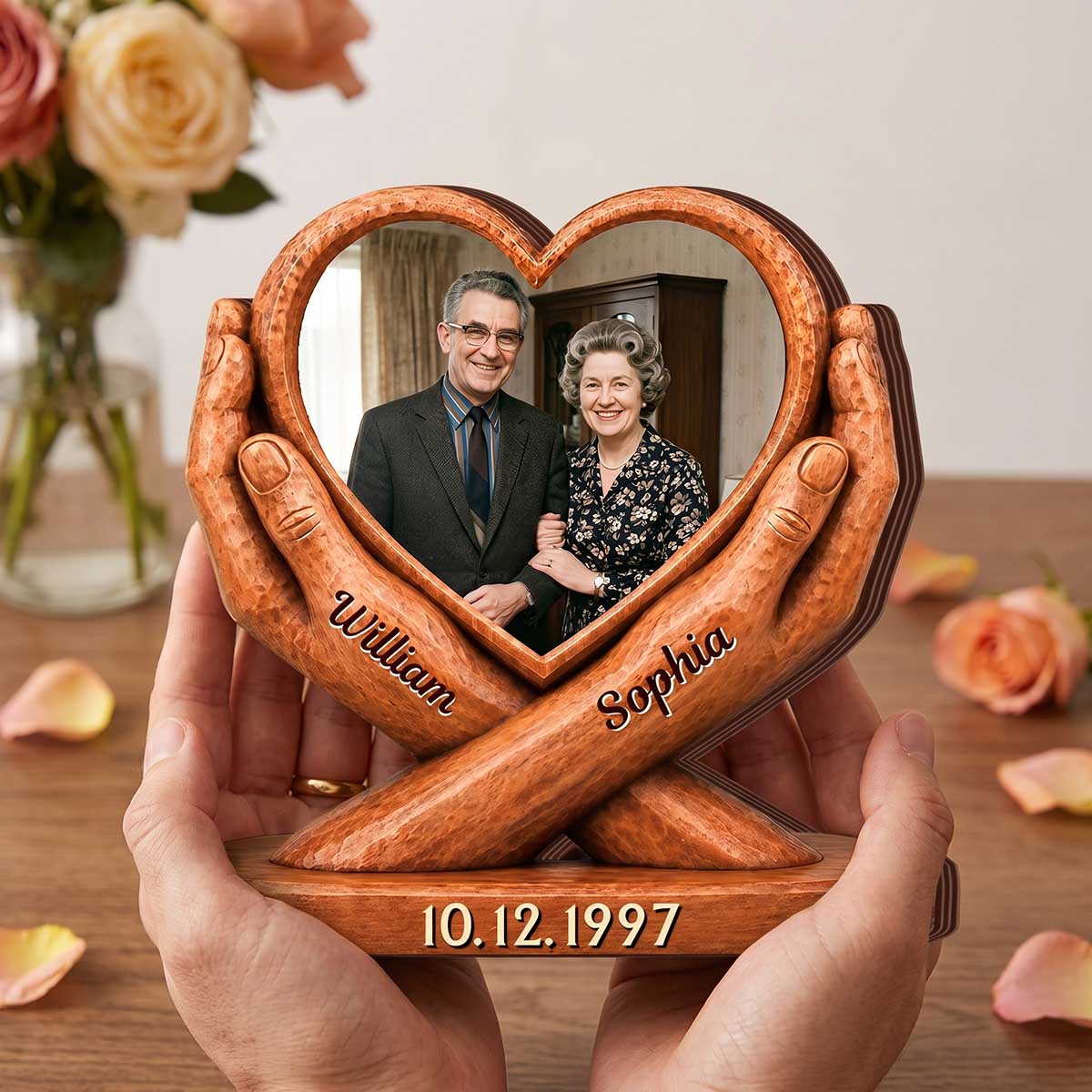 Personalized Heart Couple Photo Wooden Block - Custom Anniversary Wedding Gift for Husband And Wife