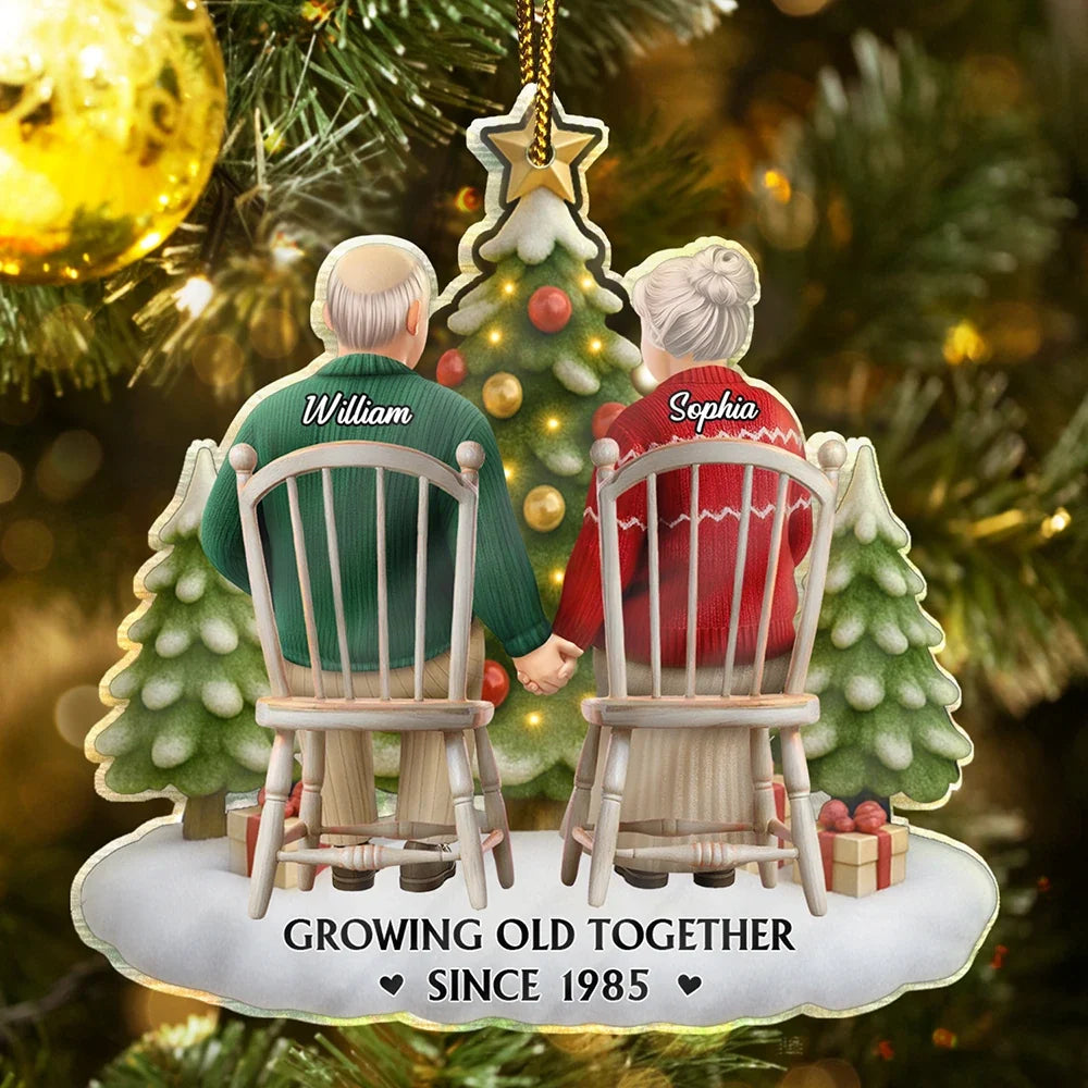 Gift For Couples, Old Couples, Gift For Husband, Gift For Wife, Love, Christmas - 3D Effect Couple Growing Old Together - Personalized Custom Shaped Acrylic Ornament