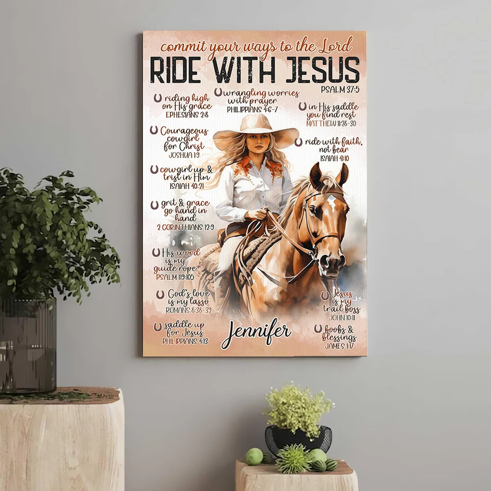 Ride With Jesus Personalized Cowgirl Canvas / Poster - Christian Wall Art Gift for Women