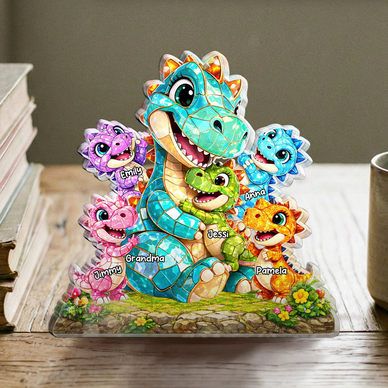 Personalized Dino Family Acrylic Plaque for Grandma with personalized design details for meaningful gifting image 8