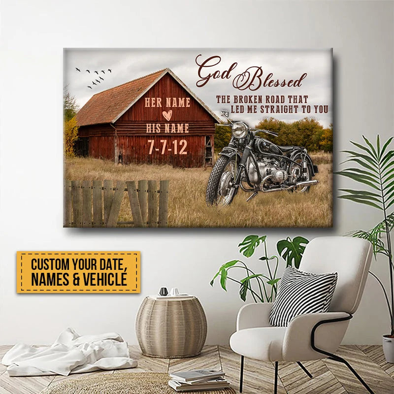 "God Blessed The Broken Road" Personalized Couples Canvas / Poster - Custom Barn & Vintage Vehicle Anniversary Wall Art Gift