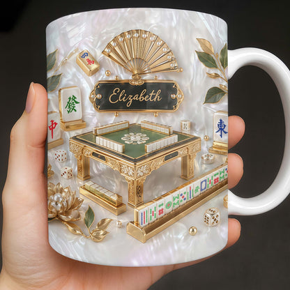 Personalized mahjong coffee mug with faux 3D mother of pearl tiles and a customizable gold name plaque.