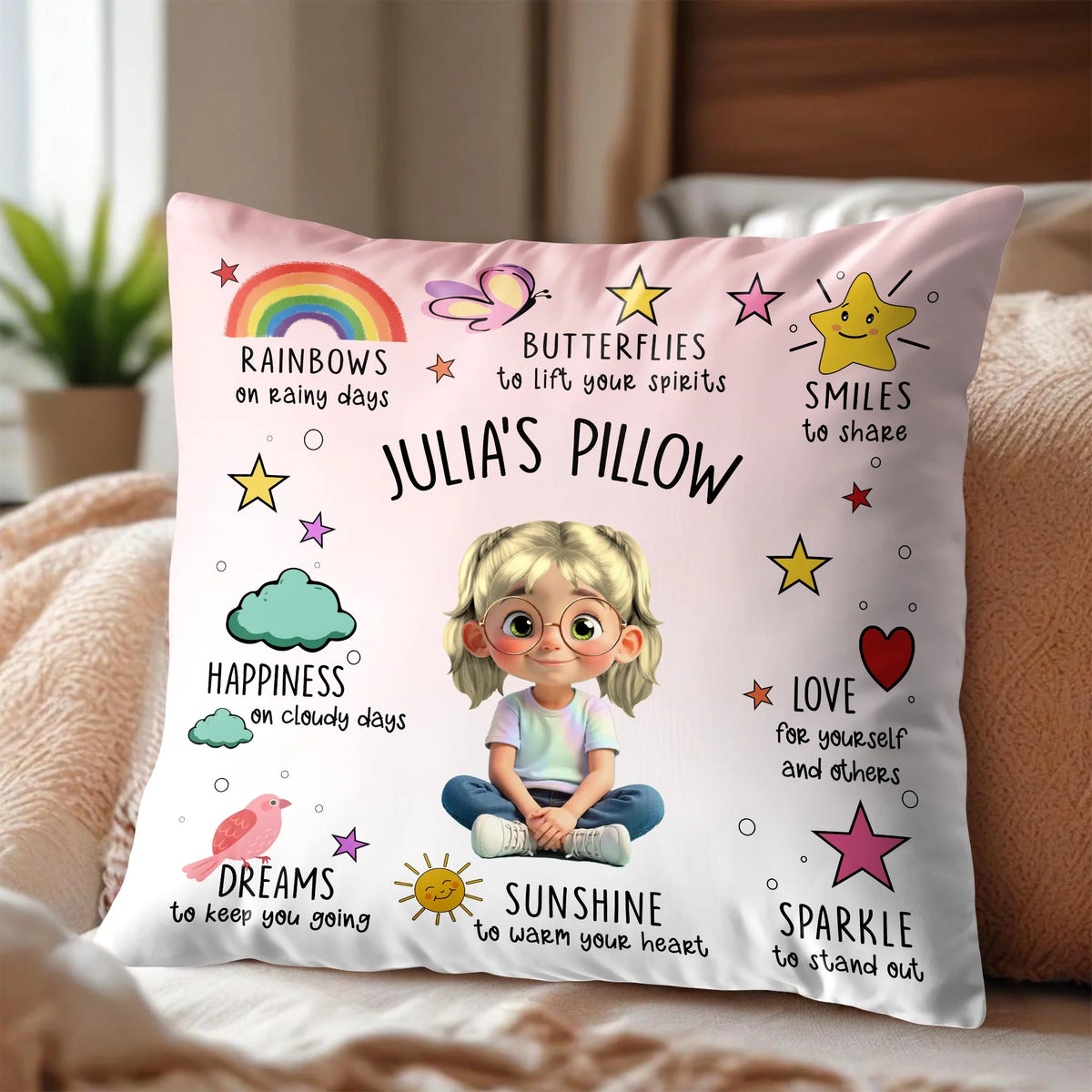 Rainbows, Butterflies, And Sunshine Custom Pillow
