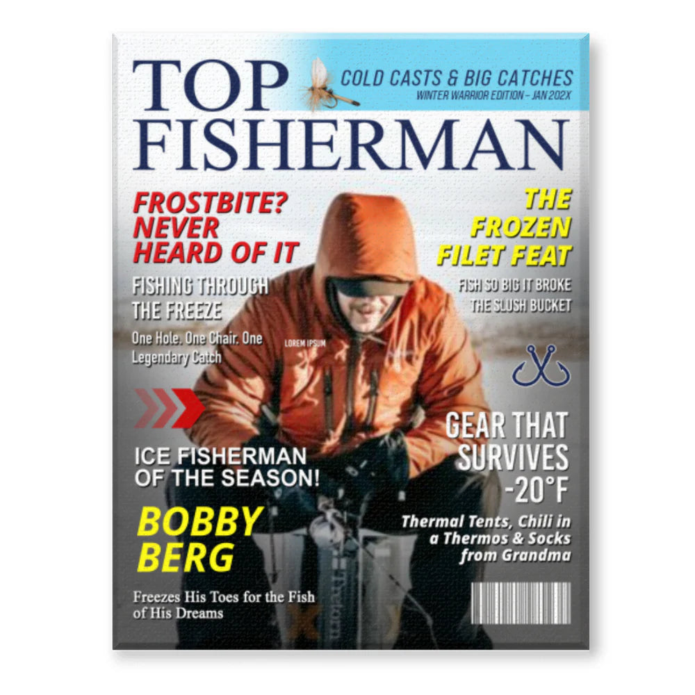 Personalized ice fishing gift canvas print styled as a Top Fisherman magazine cover featuring a custom fisherman photo.