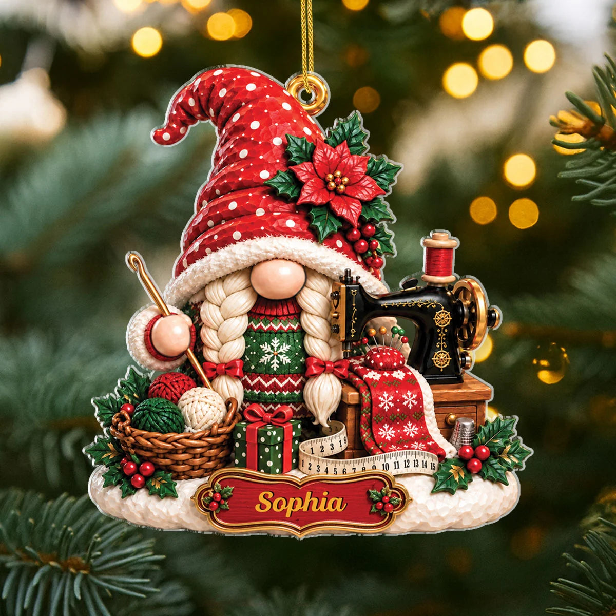 Christmas Sewing Gnome Personalized Acrylic Ornament - Holiday Keepsake Gift for Crafters
