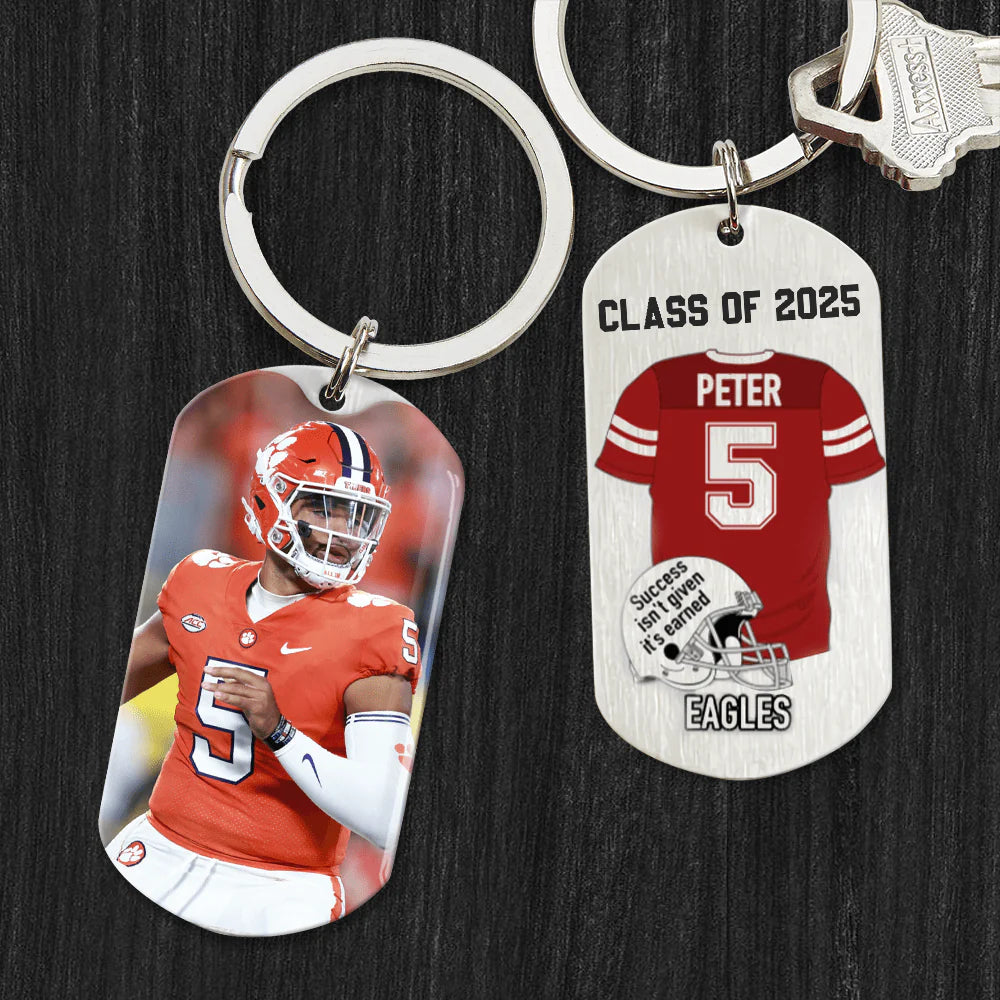 Keychain material and size view - Personalized Football Graduation Keychain