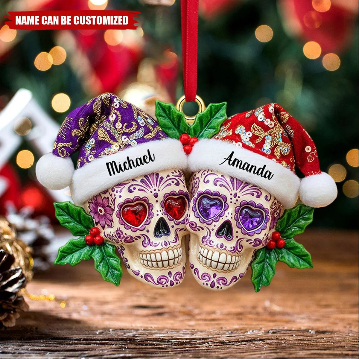 Dia de Los Muertos Skull Couple Personalized Wooden Ornament - Christmas Gift for Couples