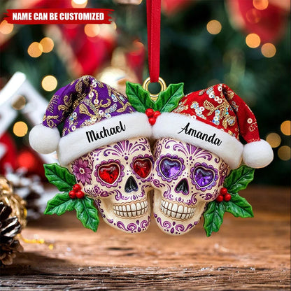 Dia de Los Muertos Skull Couple Personalized Wooden Ornament - Christmas Gift for Couples