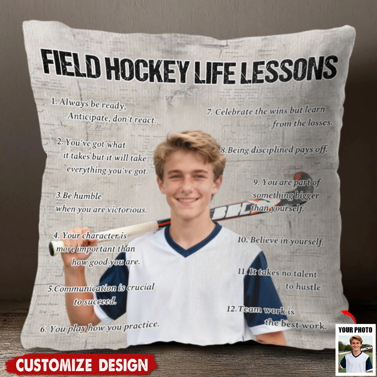 Pillow material and size view - Custom Field Hockey Life Lessons Photo Pillow