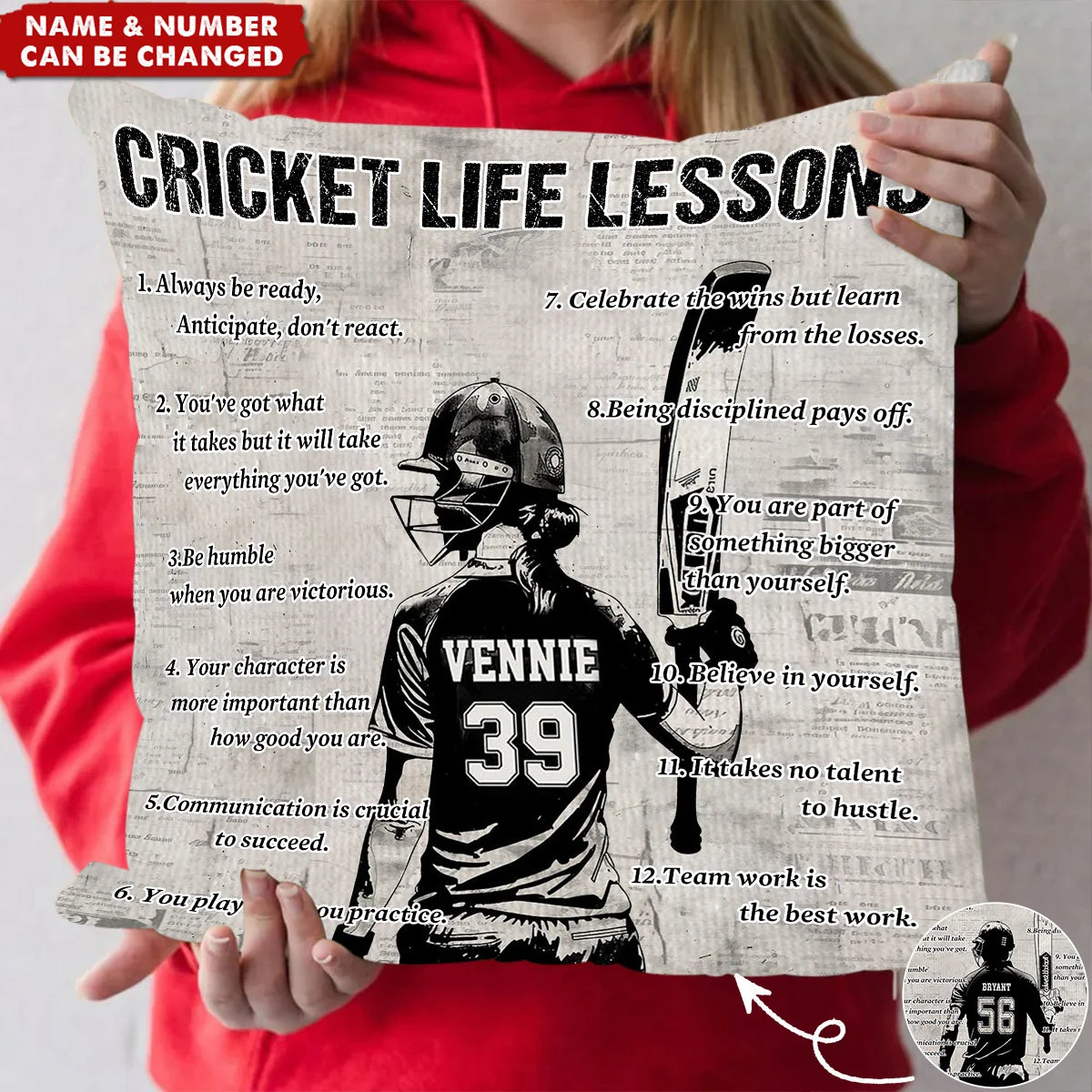 Cricket Life Lessons Personalized Pillow - Custom Name & Number Gift for Cricket Lovers