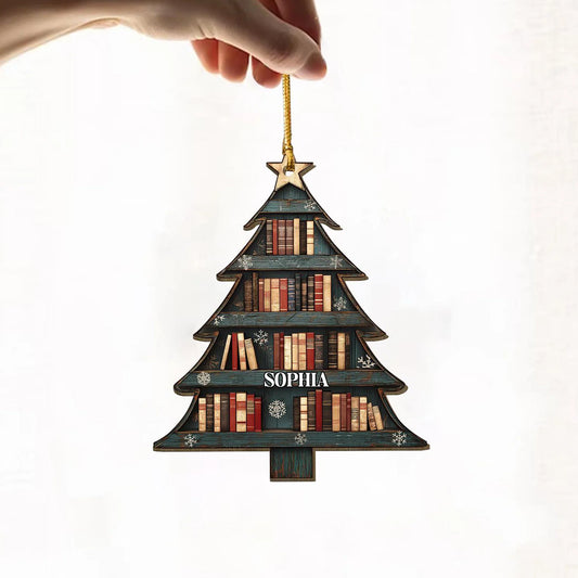 Book Tree Ornament with Custom Name - Personalized Wooden Christmas Keepsake, Gift for Book Lovers & Readers