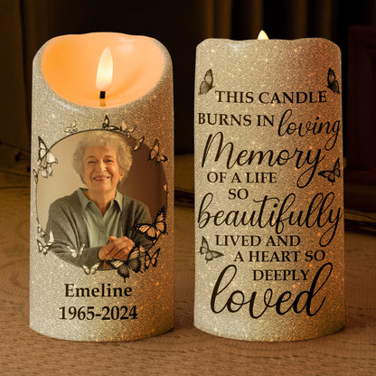 In Loving Memory Of A Life So Beautifully Lived - Personalized Photo Memorial LED Candle Keepsake