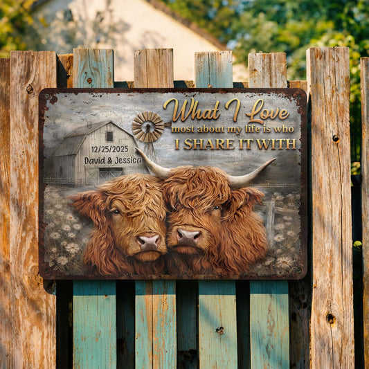 Custom Highland Cow Couples Metal Sign for Couples with personalized design details for meaningful gifting