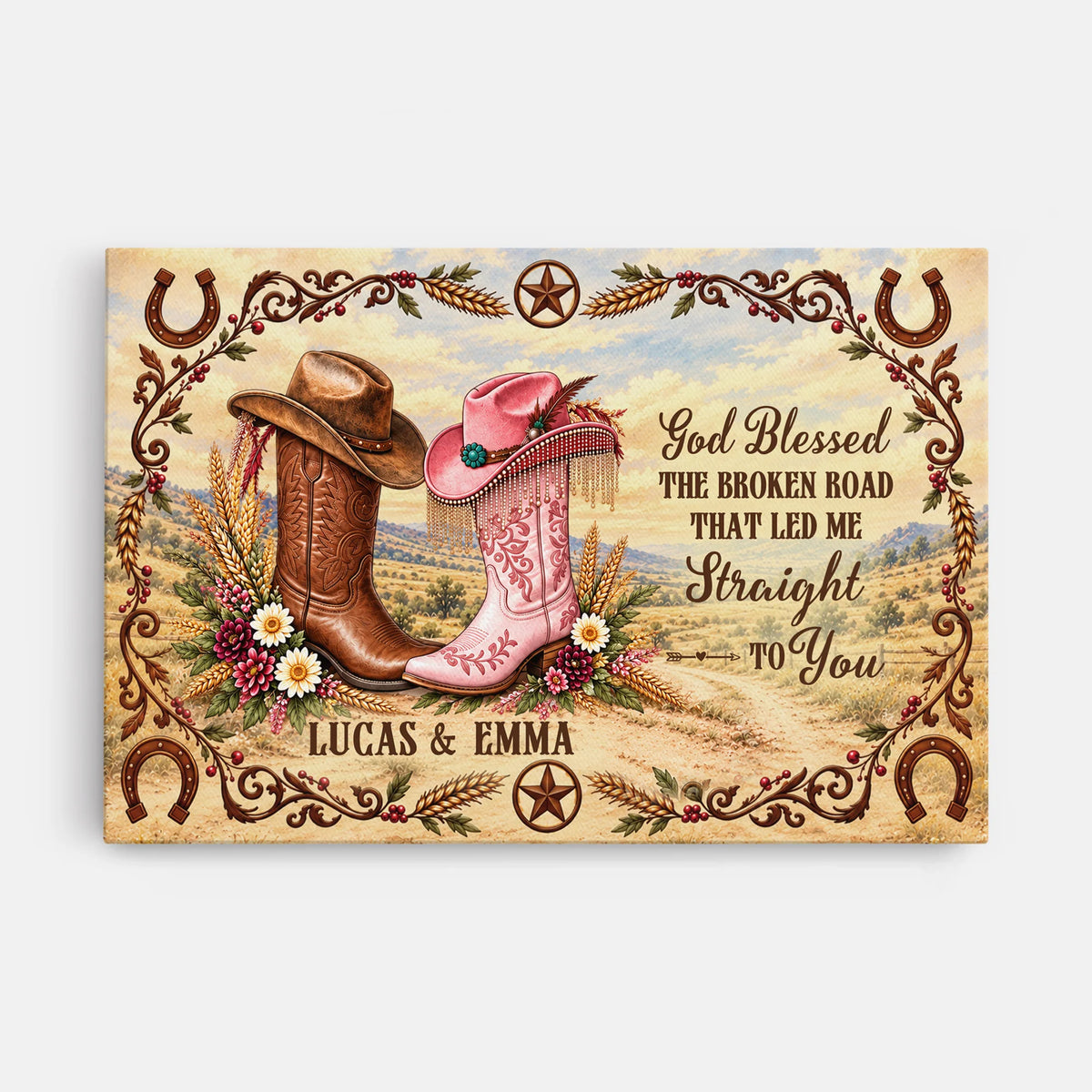 "God Blessed the Broken Road" Personalized Western Couple Canvas / Poster - Custom Anniversary Gift for Husband and Wife