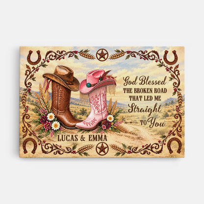 "God Blessed the Broken Road" Personalized Western Couple Canvas / Poster - Custom Anniversary Gift for Husband and Wife