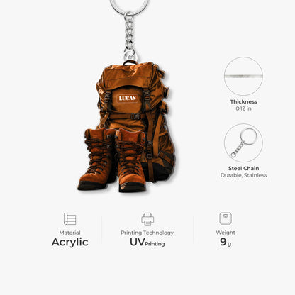 Custom Hiking Backpack & Boots Acrylic Keychain - Personalized Gift for Outdoor Lovers