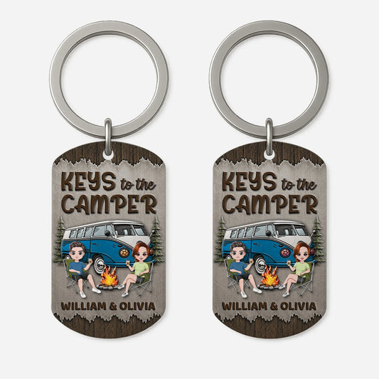 Personalized camping gifts for couples featuring a custom aluminum camper keychain with names