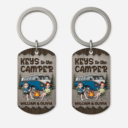 Personalized camping gifts for couples featuring a custom aluminum camper keychain with names