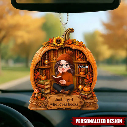 "Just A Girl Who Loves Books" Personalized Pumpkin Car Hanging Ornament - Custom Reader Gift