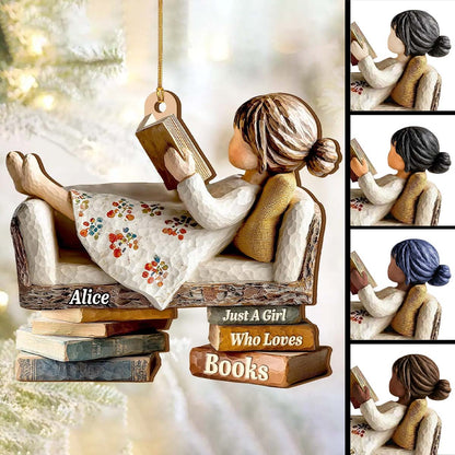 "Just A Girl Who Loves Books" Personalized Wooden Ornament - Custom Reader Gift for Book Lovers