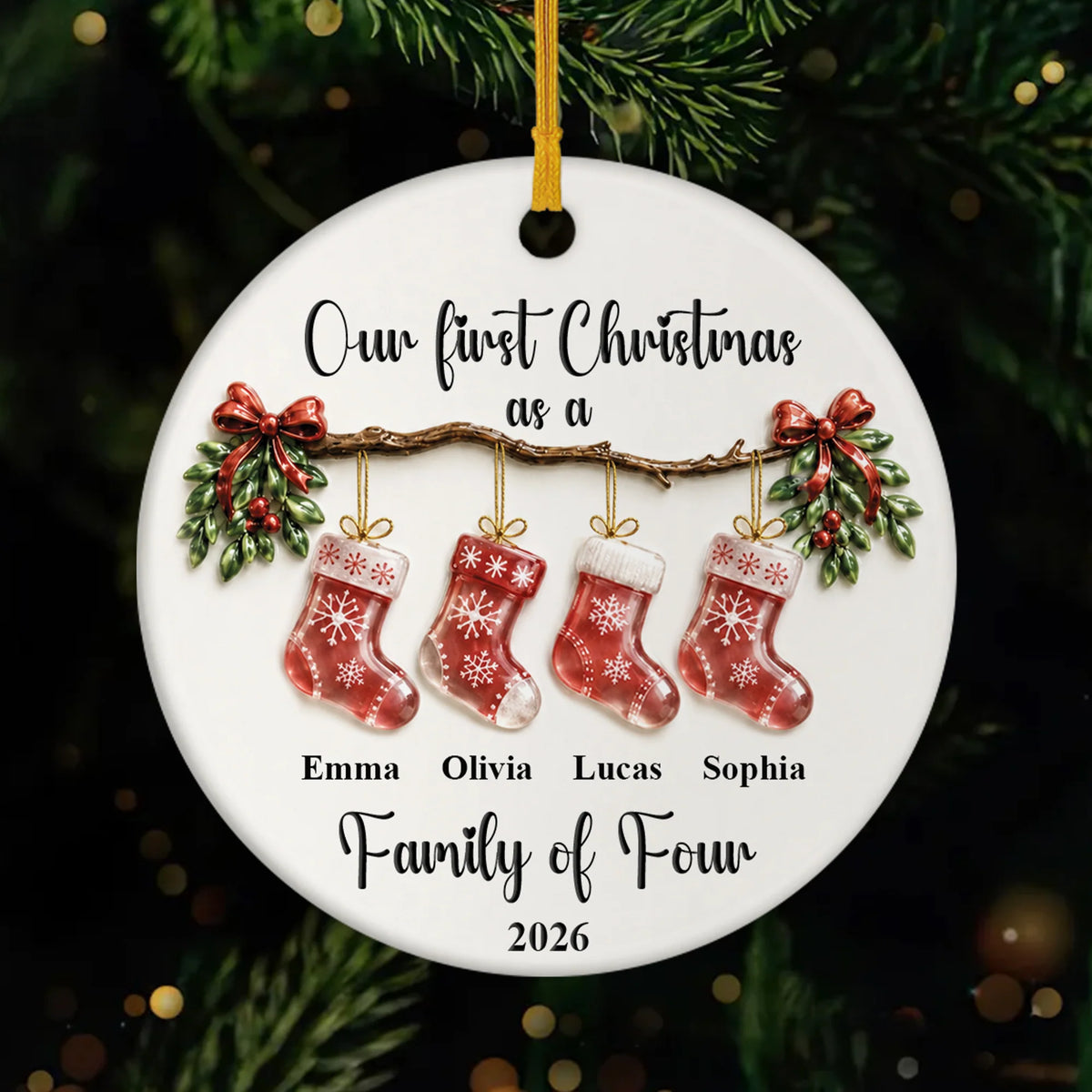 "Our First Christmas As A Family" Personalized Ceramic Ornament - Custom Holiday Keepsake Gift