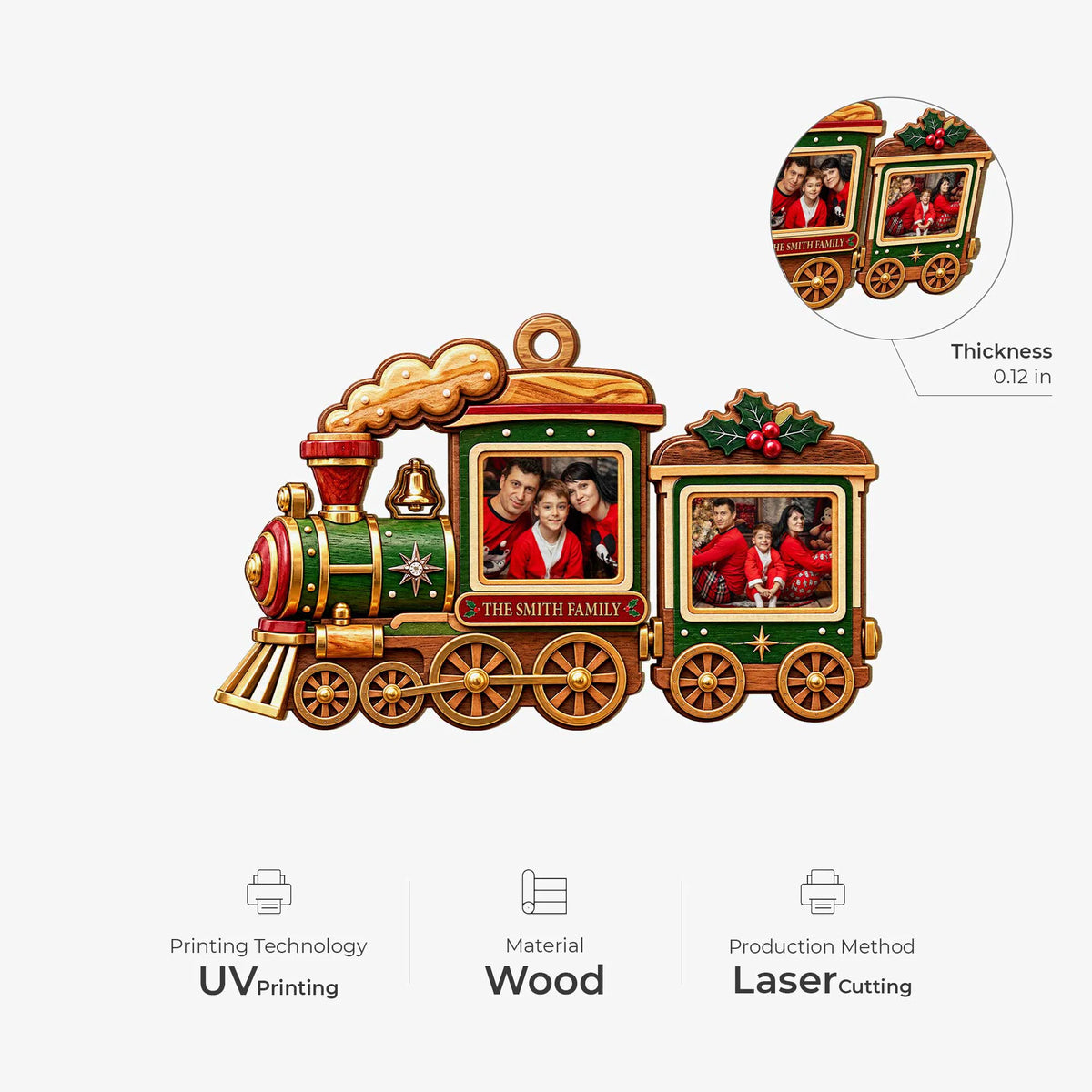 Custom Photo Christmas Train Ornament - Personalized Family Name Holiday Keepsake