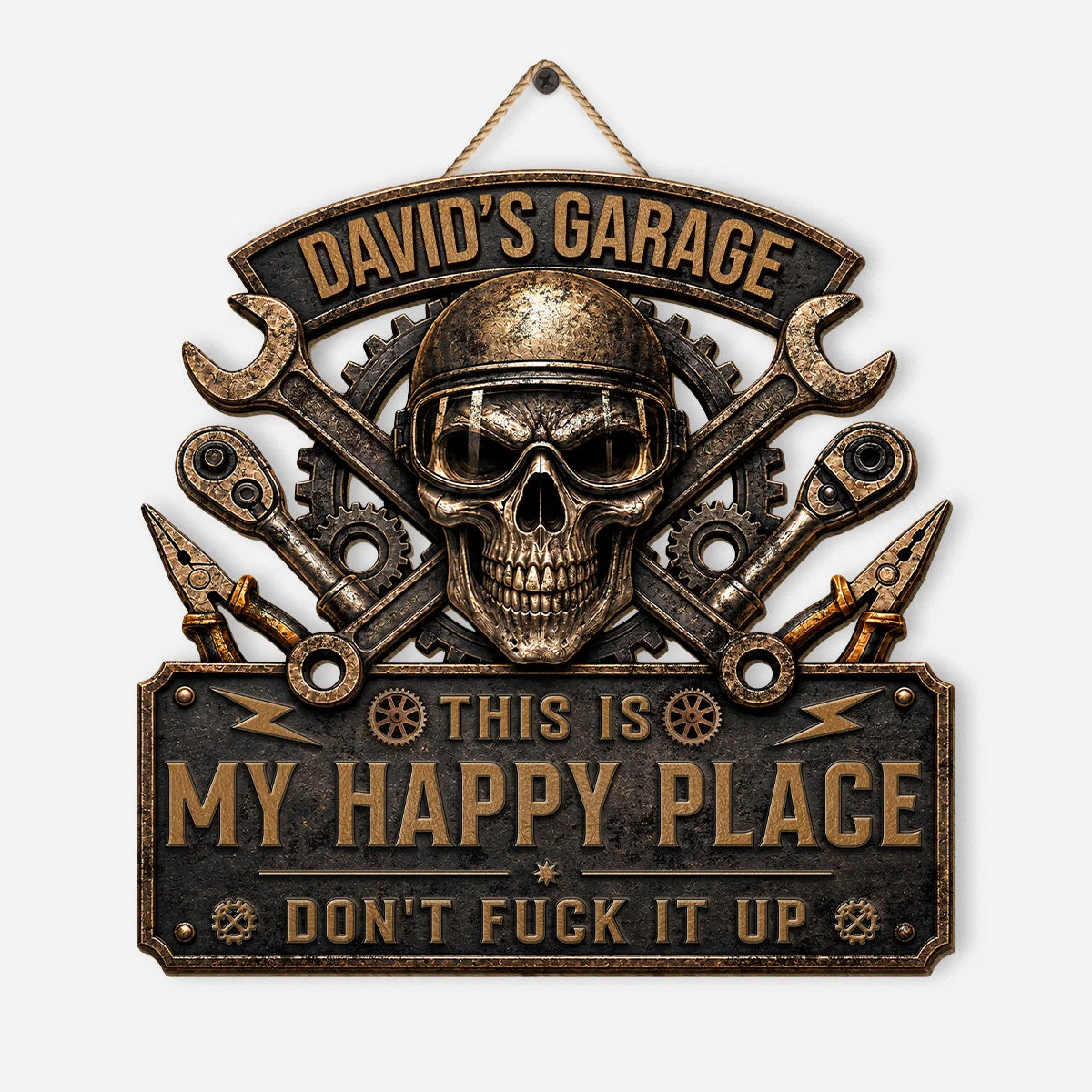 This Is My Happy Place Skull Garage Wood Sign - Personalized Workshop Plaque Gift for Dad