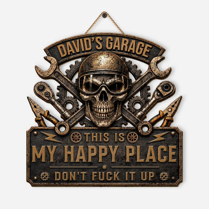 This Is My Happy Place Skull Garage Wood Sign - Personalized Workshop Plaque Gift for Dad