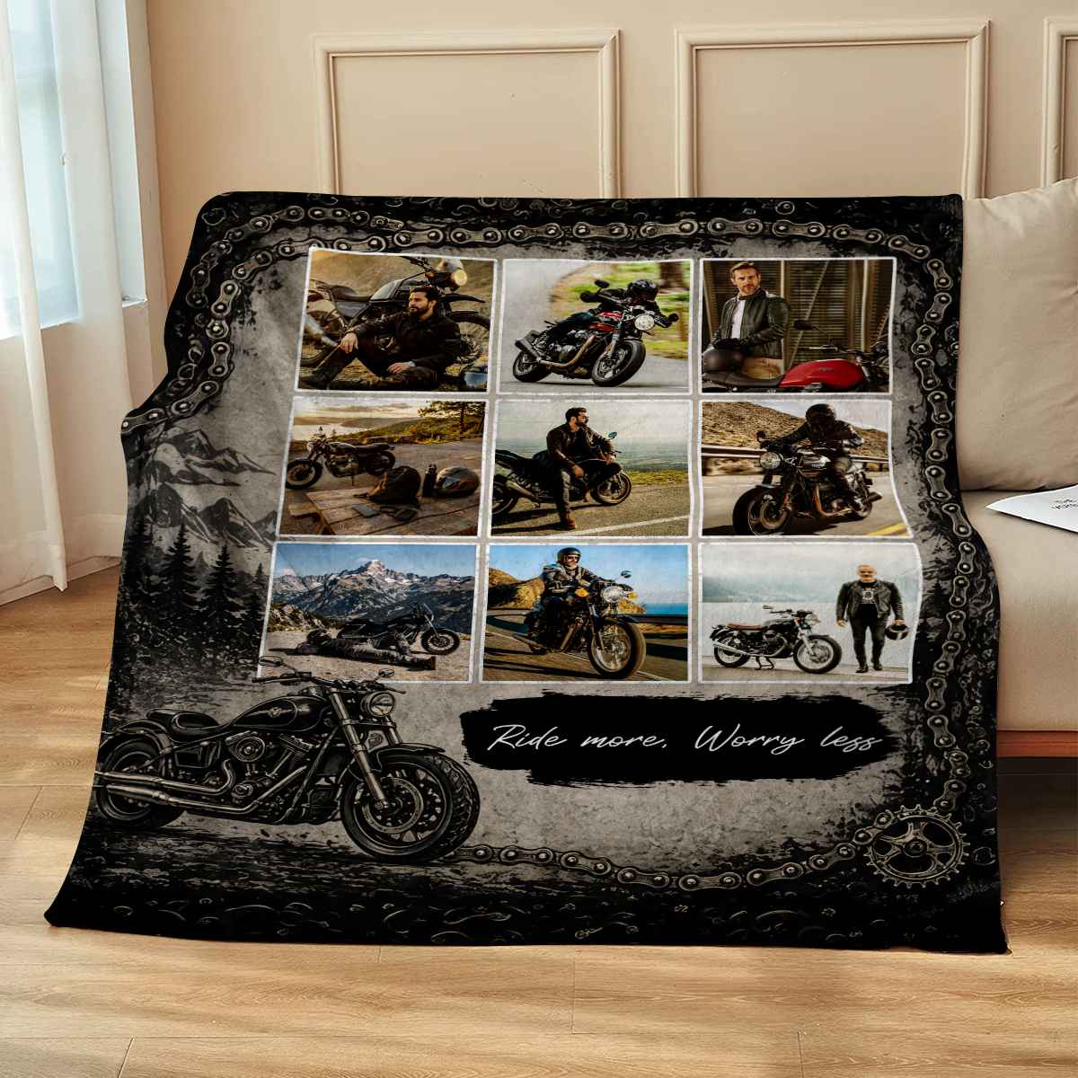 "Ride More Worry Less" Personalized Motorcycle Photo Collage Blanket - Custom Biker Gift for Riders