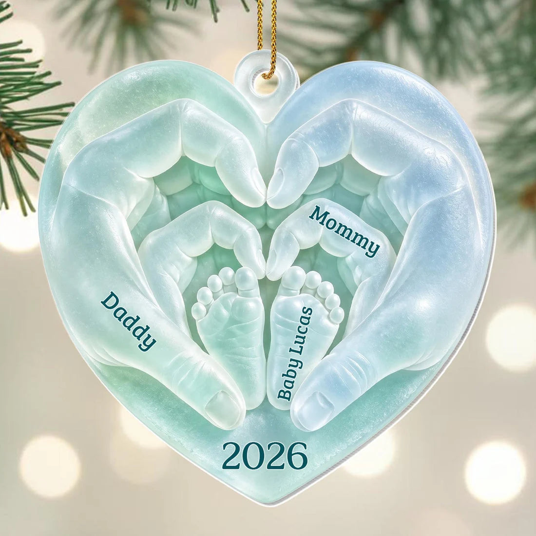 Daddy Mommy Baby Hands Heart - Personalized Acrylic Christmas Ornament for New Parents