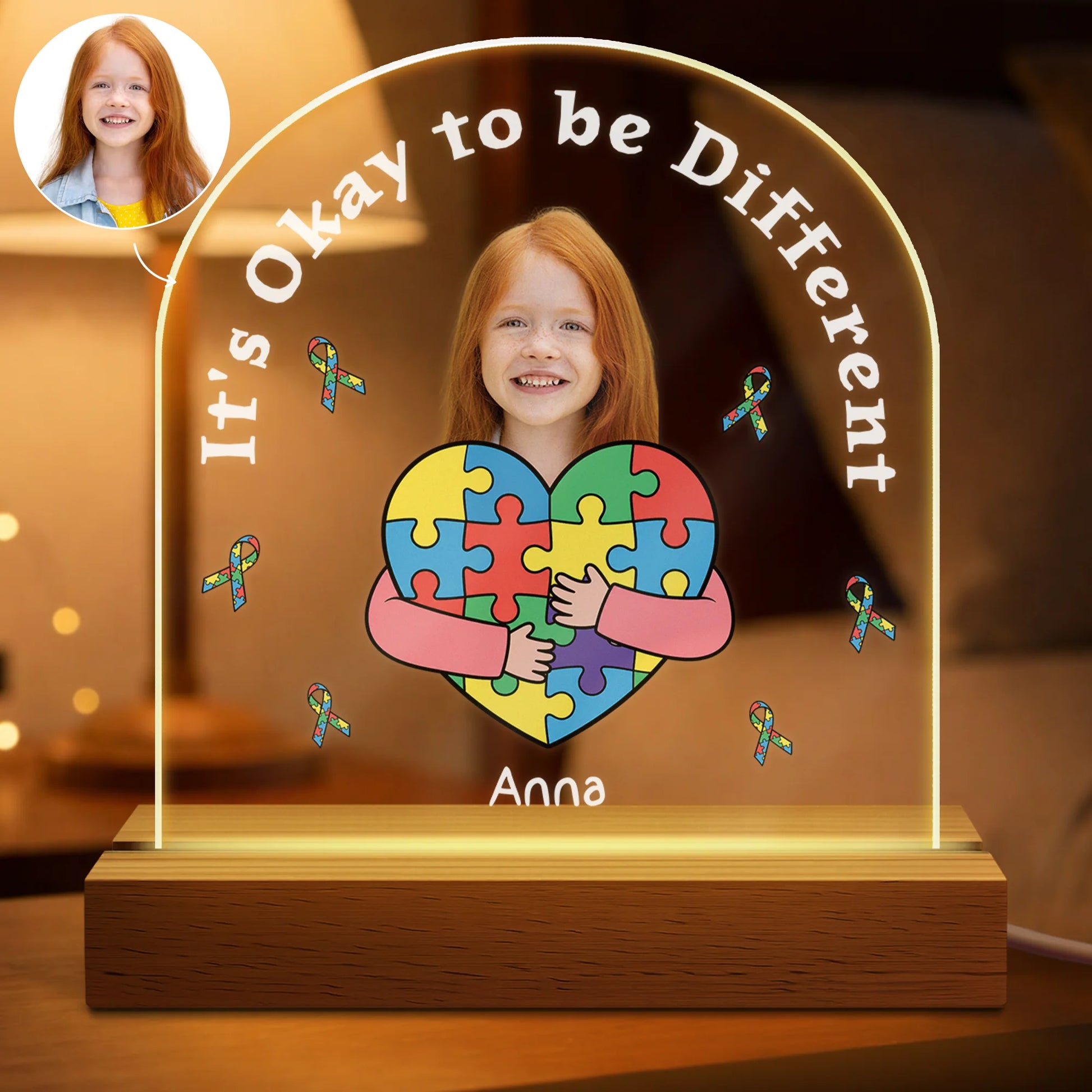 "It's Okay to be Different" Personalized Photo LED Night Light - Custom Autism Awareness Gift  for Kids