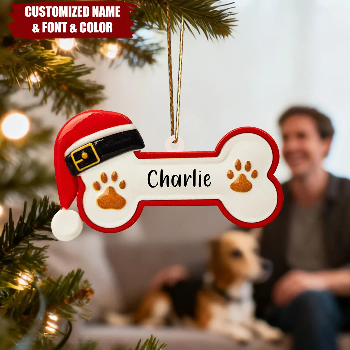 Santa Hat Dog Bone Personalized Wood Christmas Ornament - Holiday Keepsake for Dog Lovers
