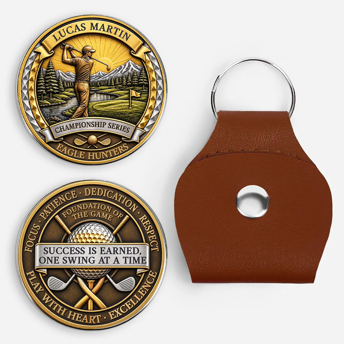 "Success Is Earned One Swing at a Time" Personalized Golf Pocket Hug - Custom Golfer Gift for Dad