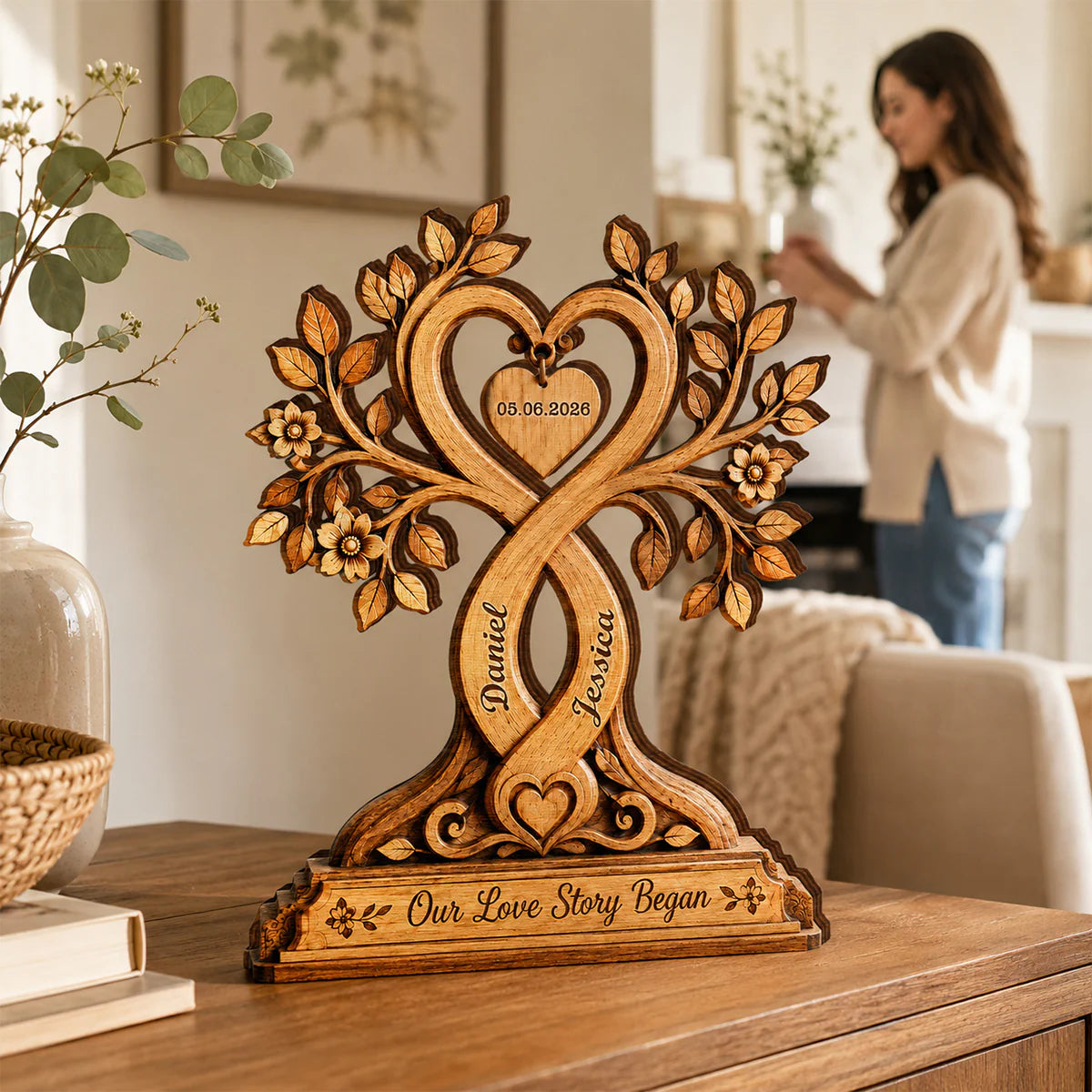 Custom couple love story plaque with intertwined tree heart design and names Daniel and Jessica image 7
