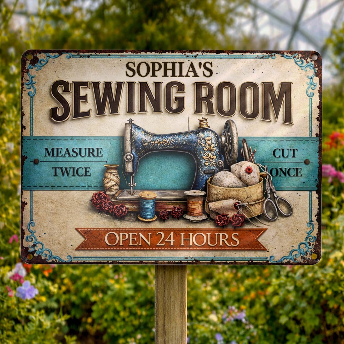 Custom Sewing Room Vintage Metal Sign for Mom with personalized design details for meaningful gifting image 7
