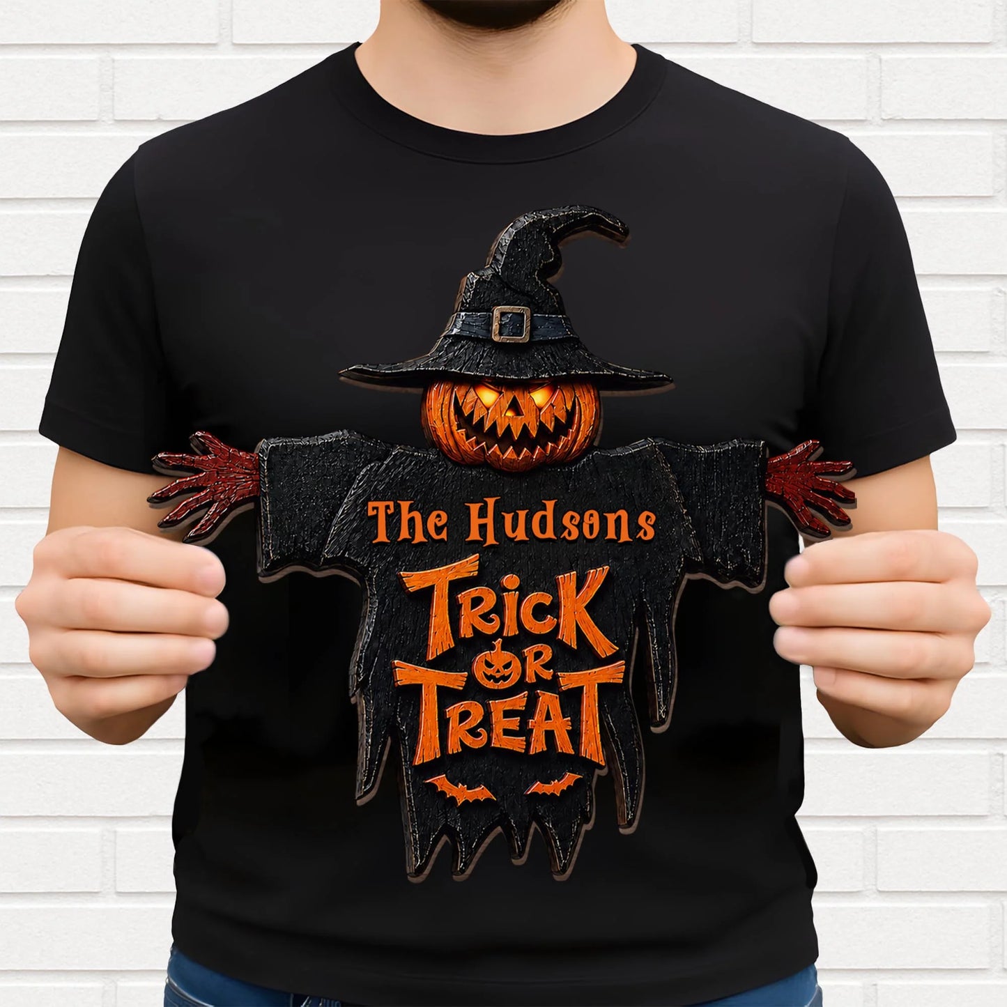 Trick Or Treat Pumpkin Scarecrow Personalized Halloween Wood Sign - Custom Family Front Porch Decor