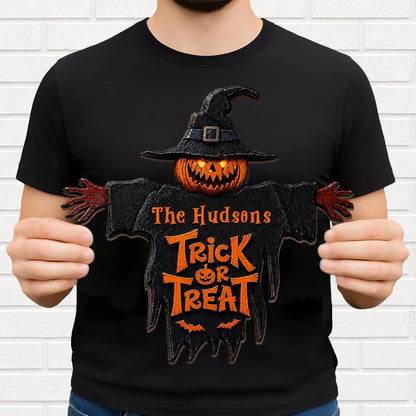 Trick Or Treat Pumpkin Scarecrow Personalized Halloween Wood Sign - Custom Family Front Porch Decor